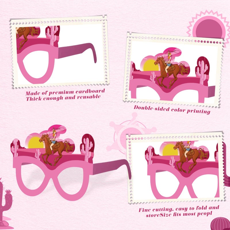 Herdear 32 Pcs Western Cowboy Party Decorations Pink Cowgirl Wild West Paper Glasses Horse Rodeo Photo Booth Props Girls Disco Eyeglasses Supplies for Girls Bachelorette Cowgirl Birthday Party Favor - Image 3